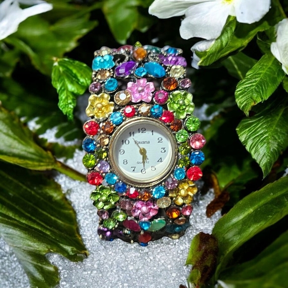 pavana Accessories - Vintage Pavana Colorful Rhinestone Cuff Watch Perfect For Spring-Summer.